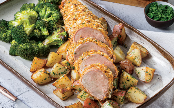 Almond-Crusted Pork Tenderloin with Potatoes and Broccoli