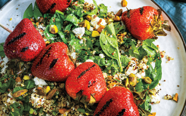 Grilled Strawberry Skewers with Pistachio-Quinoa Salad